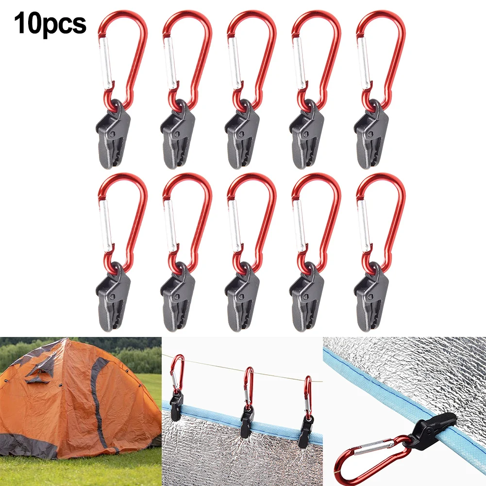 

10 Pcs Tent Clamp Camping Accessories Width 0.8cm/0.31in With Carabiner Hook Black Height 3.5cm/1.38in