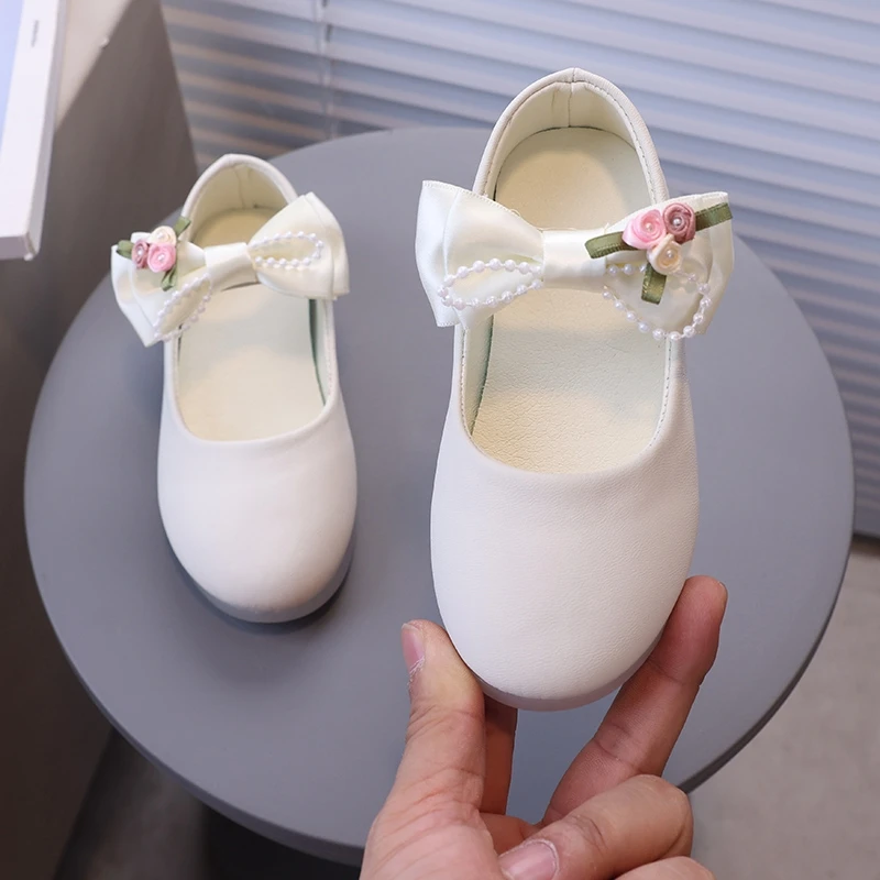 Kids PU Leather Shoes Girls Princess Shoes Baby Girl Simple Flower Bowknot Flats Mary Janes Child Baby Toddlers Baptism