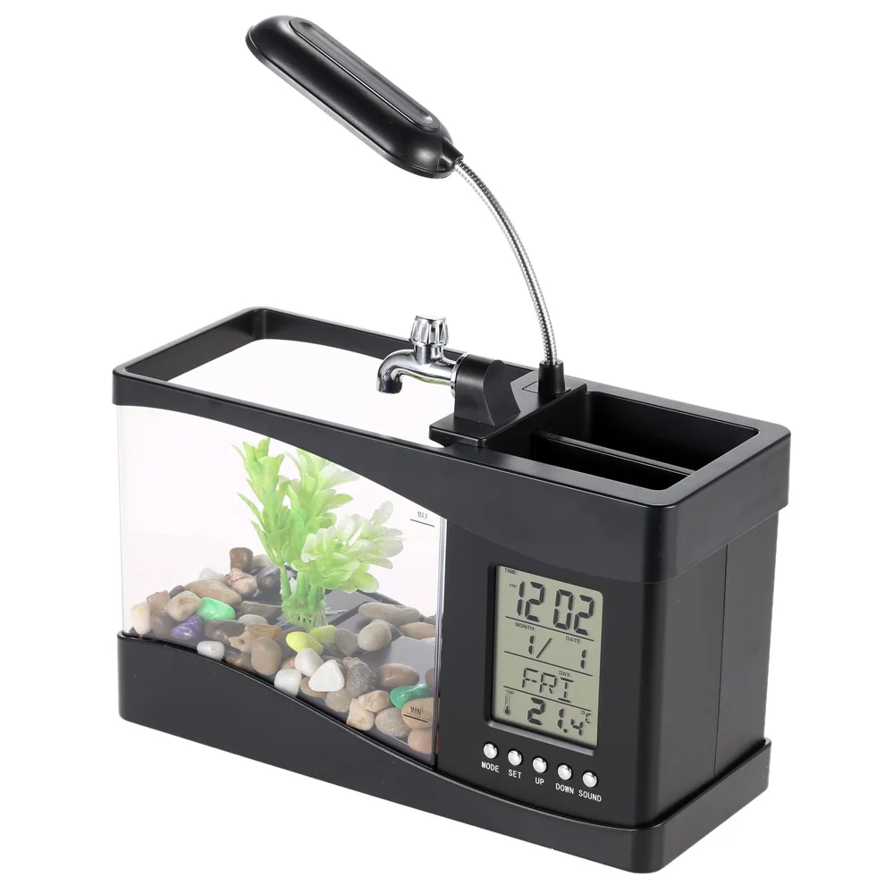 Petit Aquarium de bureau USB 5l, éclairage LED + pompe à eau + éponge  filtrante + Air/oxygène réglable, Mini bol de poisson de bureau