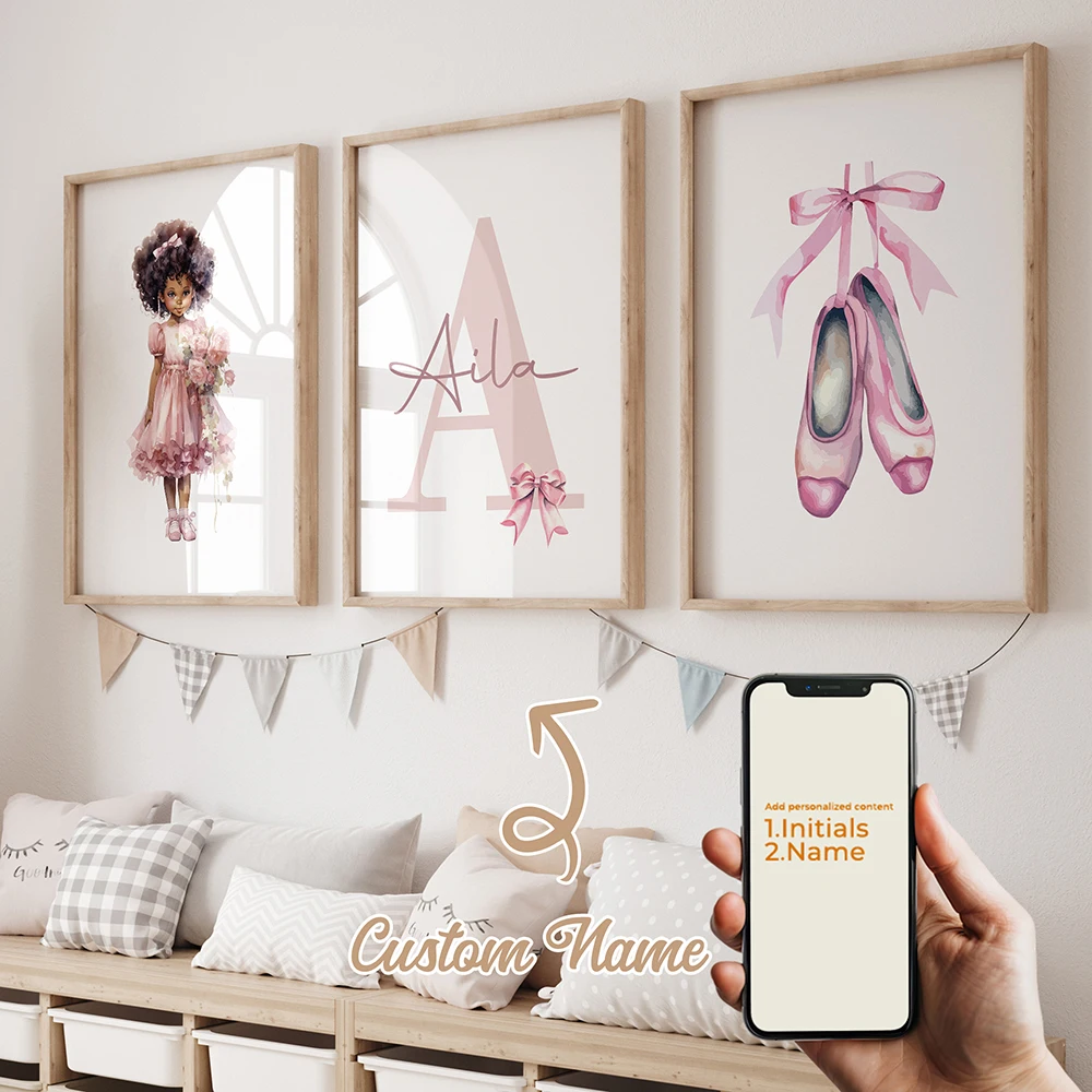 3pcs Personalized Custom Name Cartoon Child pink bow Wall Art Print Picture Canvas Poster Painting For Living Room Home Decor 2