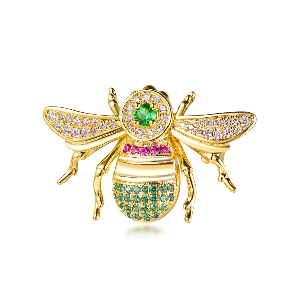 

TKJ Gold Plated Sterling Silver 925 Green Red CZ Bee Enamel Pin Bee Women Brooches Fashion Fine Employees Jewelry Gift Ideas