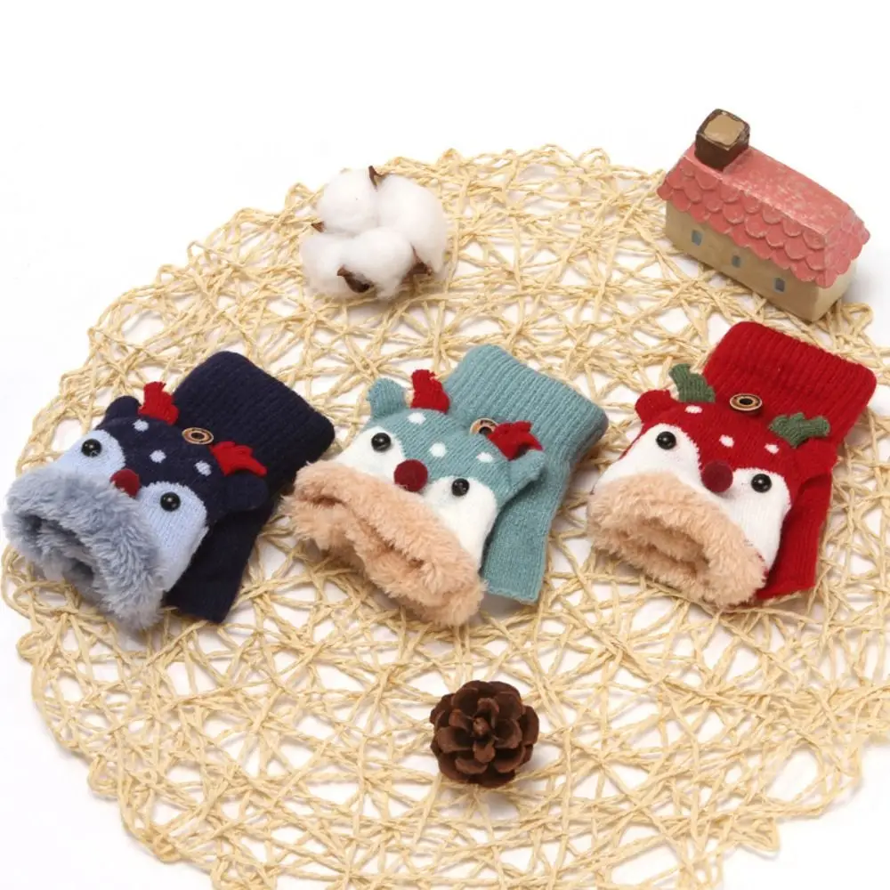 Winter Warm Mittens Cold protection Kids Fingerless Gloves Children Christmas Gloves Plush Clamshell Half Finger