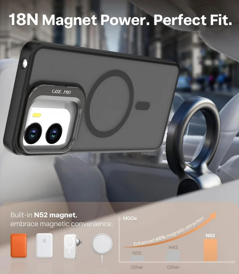Matte Semi-Transparent Lens Bracket Case with Magnetic Ring and Wireless Charging Feature