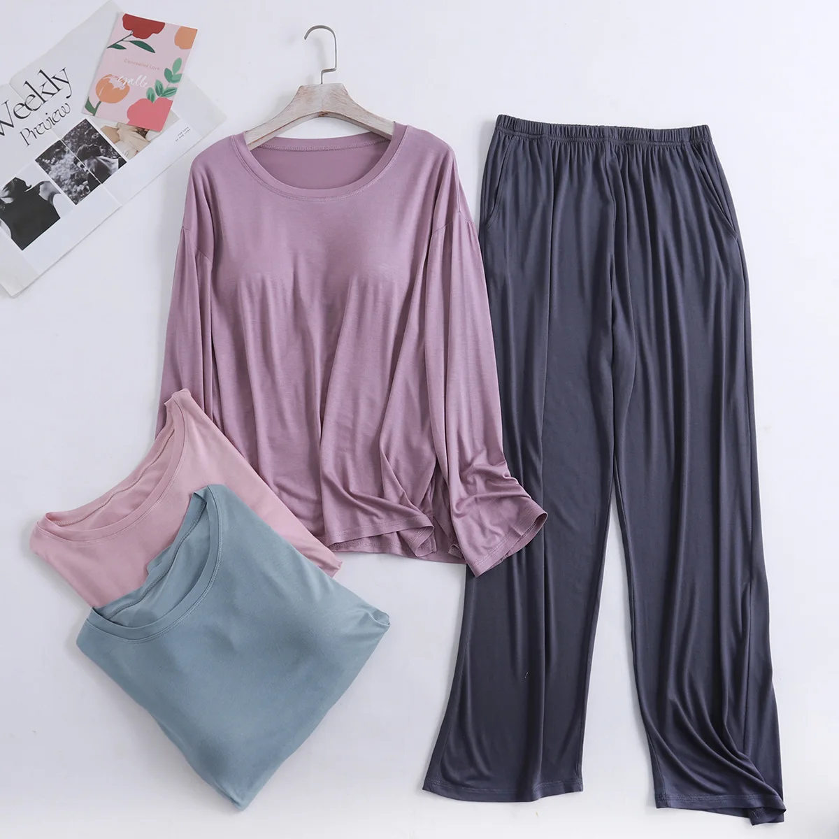 Women's Modal Nigtgown 2pcs pajama sets long sleeves Tshirt bra padded and trousers Loose Sleepwear comfortable Homewear suit