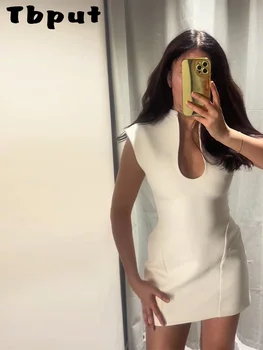 Elegant Slim Women's Dress Stand Collar Hollow Out Sleeveless Waist-Closed Lady Mini Dresses 2026 Spring Summer Female Robe 1