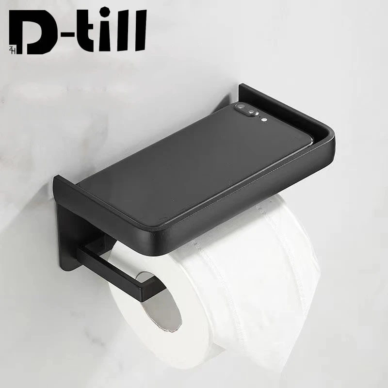 

D-till Bathroom Accessories Toilet Paper Holder Storage Black Silver Tissue Self Punch Free Towel WC Phone Rack Space Aluminum