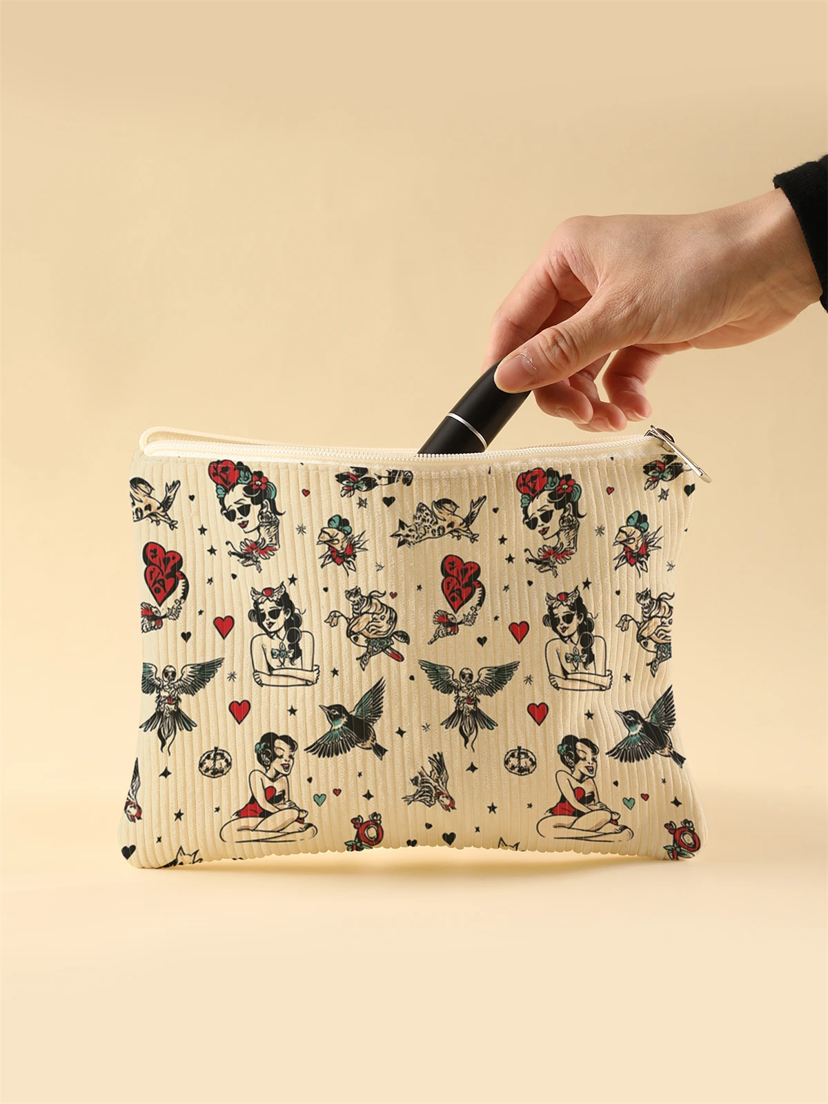 Women's Corduroy Travel Cosmetic Bag Portable Large Capacity Makeup Storage Organizer Zipper Clutch Purse Make up Bag