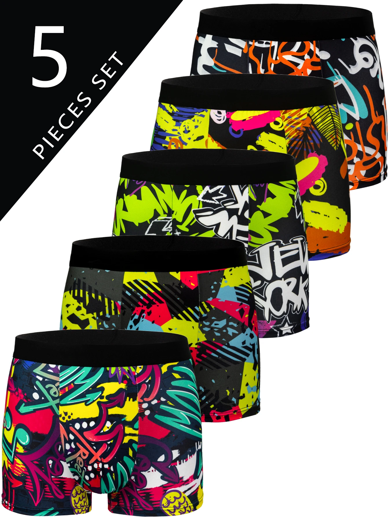 5-teilige Herren-Boxershorts, zufälliger Graffiti-Druck, trendiges Weihnachtsmuster, Unterwäsche, bequeme Boxershorts