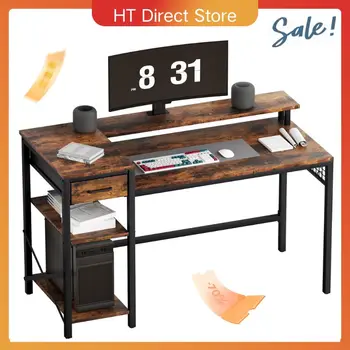 Scrivania ad angolo in quercia e tè Tavolo per PC a forma di L da 120 cm con ripiani regolabili e design vintage, tavolo da ufficio/gioco 1