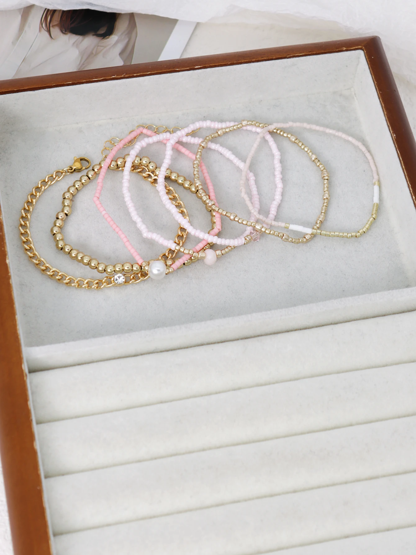 7PCS Pink Bead Chain Bracelet Set for Women