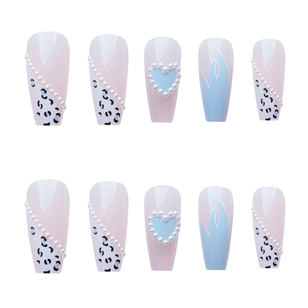 

24PCS Long Red Press on Nails Blue Leopard & Pearl Heart Full Coverage Nails Artificial Nails with Jelly Gel/Glue MH88