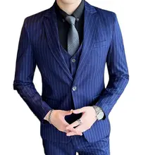 2022 Large Size S-5XL (suit + Vest + Trousers) Striped Single Breasted Fashion City Trend Slim Formal Business Casual Men's Suit