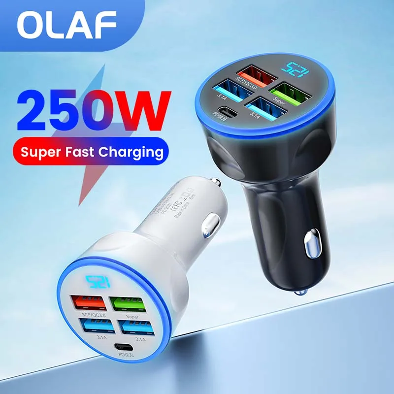 5 Порт USB C Автомобильное зарядное устройство QC 3.0 250W Модель C Быстрая зарядка Автомобильное зарядное устройство для iPhone 12 13 14 Pro Xiaomi Huawei Samsung