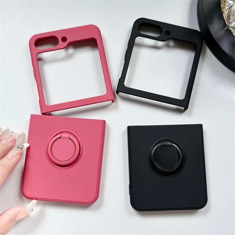 Soft Liquid Silicone Folding Phone Case with Square Frame and Magnetic Ring Holder