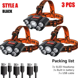 Rechargeable 5 LED Headlamp with Built - In Battery for Camping and Adventure (T21 Style A (3PCS))