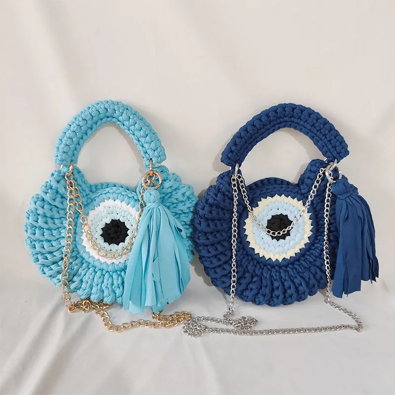 Gestrickte Umhängetasche, handgefertigte Webart-Kontrastfarbenkette, kompakte, schicke Damen-Umhängetasche, zarte Monster-Geldbörse mit großen Augen