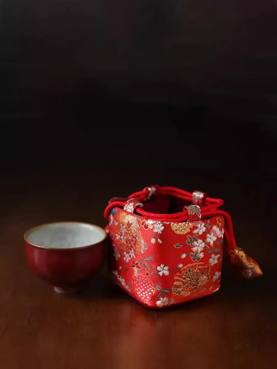 Thickened Handmade Storage Travel Bag, Tea Caddy Teacup Tea Set, Teapot Medium Cloth Bag, Tea Accessory, Embroidery Hand Bag