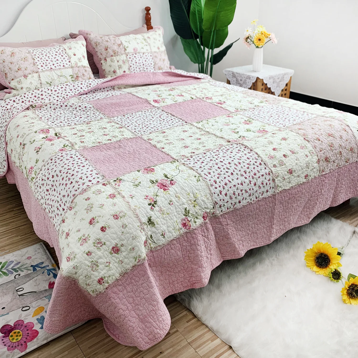 CHAUSUB – ensemble de couette en coton à fleurs, couvre-lit Patchwork rose,  taille Queen Size, couverture matelassée pour lit, 3 pièces | AliExpress