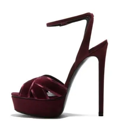 

Burgundy Khaki Black Velvet Cross Strap Ankle Buckle Super Thin Heels Party Dress Summer Sandals Women Cuts Out Peep Toe Shoes