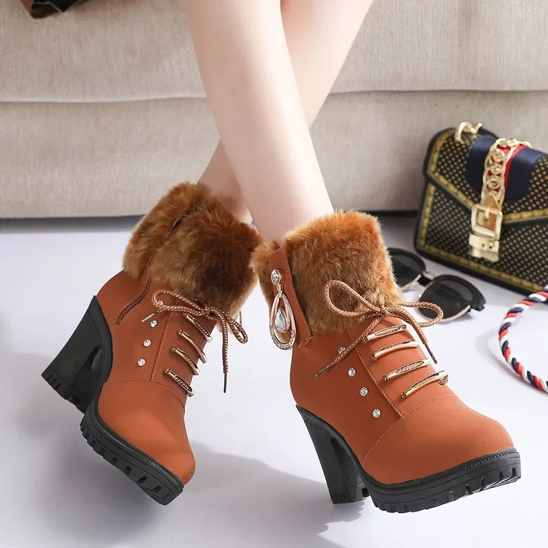 Women's Designer High Heels Shoes 2023 Winter New Warm Non-slip Block Cow Suede Warm Snow Boots Fashion Crystal Plush Goth Botas