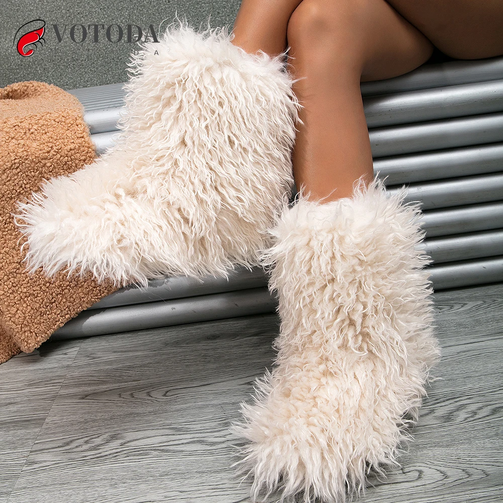 

Winter Boots Furry Shoes Women Teddy Fur Snow Boots Fluffy Warm Faux Wool Boots Plush Fashion Boots Ladies Mongolian Fur Boot