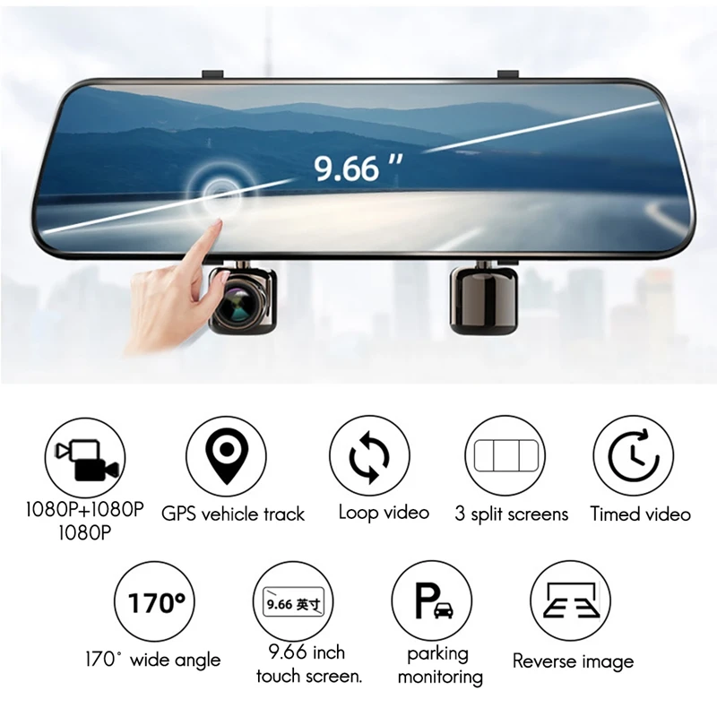 

3 Lens Car Dvr 9.66 Inch Touch Screen Stream Media Rear View Mirror 1080P Camera Video Recorder Registrar DVR Dash Cam