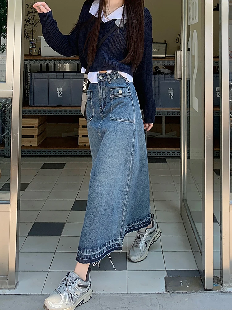 Falda vaquera Vintage para mujer, Faldas largas de tela con estética Y2K, Falda de corte en A, Faldas casuales coreanas -