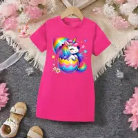 Vêtements pour enfants Robe T-shirt longue à manches courtes pour filles Ins Moyen et grand Licorne arc-en-ciel pour enfants Dessin animé créatif imprimé Col rond Robe T-shirt décontractée à manches courtes Convient aux filles âgés de 4 à 12 ans 1