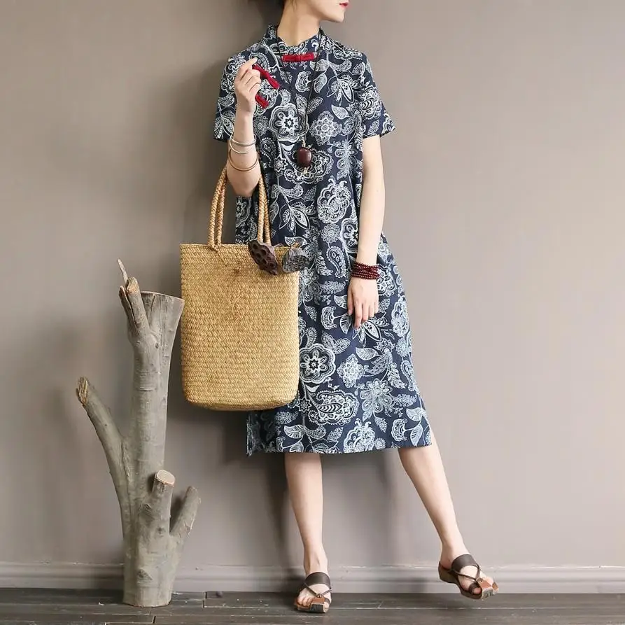

Spring Summer Womens Cotton Stand Collar Buttons Cheongsam Dress Chinese Traditional Vestido Floral Printed Sundress Long Robes