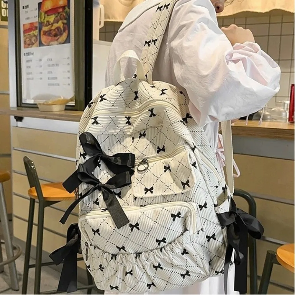Fashion Corduroy Bow Schoolbag Large Capacity Bow Print Backpack Bag Ins Style Students Backpack Women 3