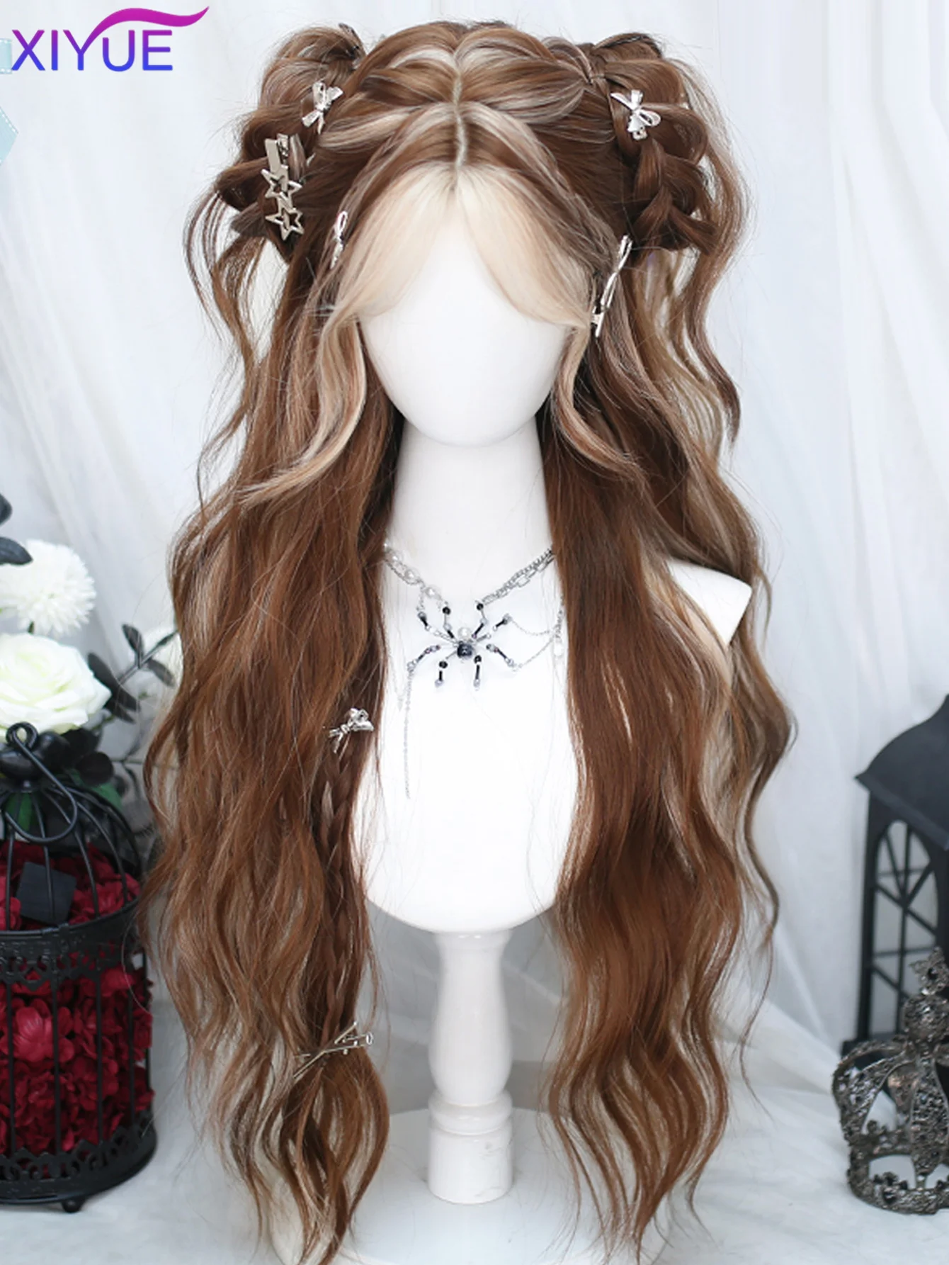 XIYUE Brown Blonde Long Wavy Synthetic Wigs Middle Part Natural Wig Heat Resistant Cosplay Party Daily Hair Wig for Women