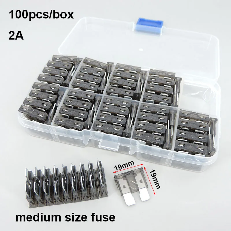 

100PCS medium size fuse Car Fuses 2A Amp with Box Clip Assortment Auto Blade Type Fuse Set Truck Auto Fuse Set p1