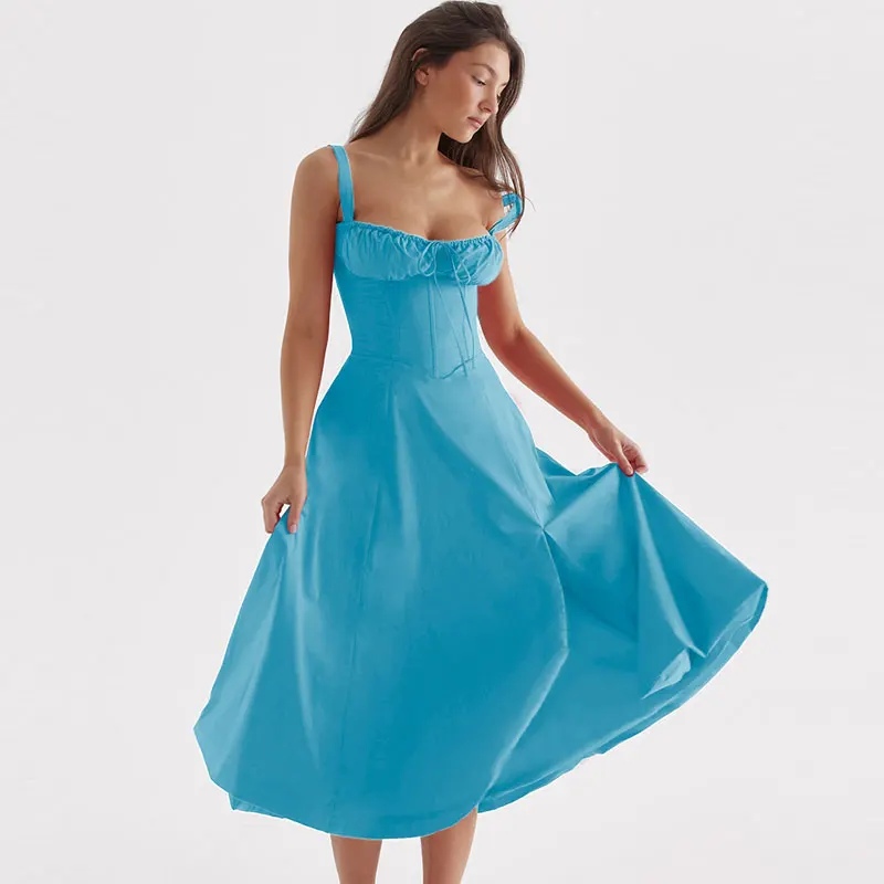 Robe à bretelles imprimée florale pour femmes, robe trapèze élégante, couleur unie, coupe couvertes, fente latérale, taille, été 2023 16
