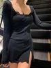Autumn Spring Women Sexy Lace Patchwork Long Sleeve Split Dress Hip Package Mini Vestido Party Club Low Chest Outfits Cloth