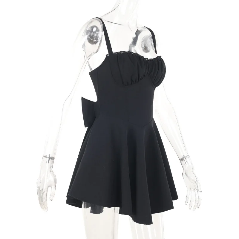 Bows Spaghetti Strap Dress For Women Plunge Sexy Bodycon Mini Dress Zipper A-Line Backless Folds Party Dress High Waist