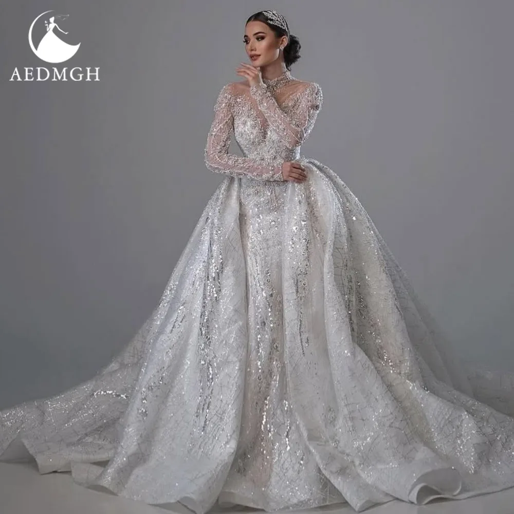Aedmgh Mermaid Sexy Wedding Dresses High Neck Vestido De Novia Lace Embroidery Detachable Train Vintage Custom Made Bridal Gowns 1