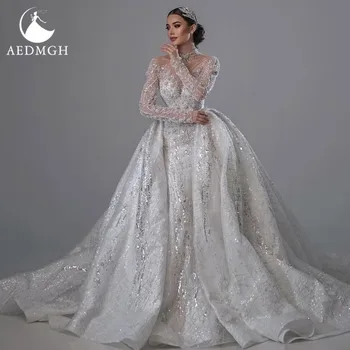 Aedmgh Mermaid Sexy Wedding Dresses High Neck Vestido De Novia Lace Embroidery Detachable Train Vintage Custom Made Bridal Gowns 1
