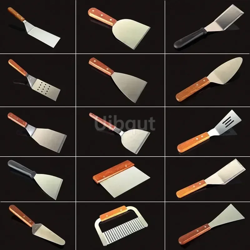 Steak Spatula Stainless Steel Steak Fried Shovel Spatula Pizza peel Grasping Cutter Spade Pastry BBQ Tools Wooden Rubber Handle Kitchen turner