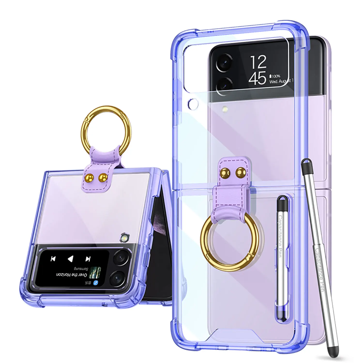 

Чехол для Samsung Galaxy Z Flip 4 3 ZFlip4 с емкостной ручкой, Прозрачный складной кольцевой кронштейн, противоударный защитный жесткий чехол