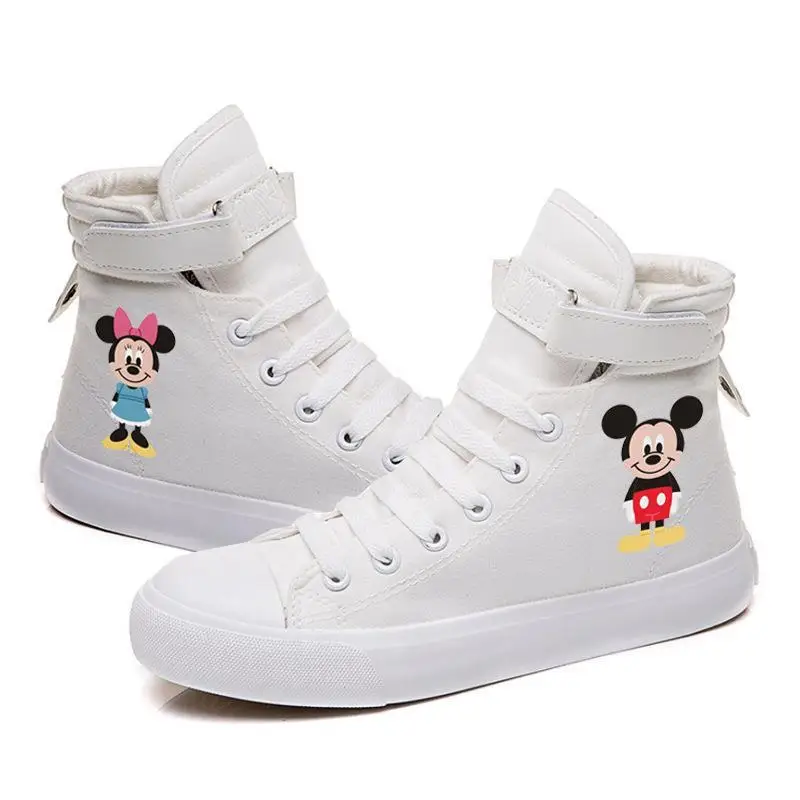 

2024 new plus size Mickey Minnie Mouse High Top Canvas For Women's Casual Korean Velcro black white Sports Shoes