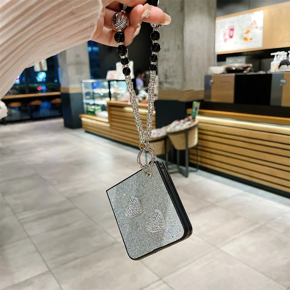 Shiny Colorful Phone Case For Samsung Galaxy Z Flip 3 4 5 5G Solid Color Love Bracelet Protective Cover Flip5 Flip4 Shell