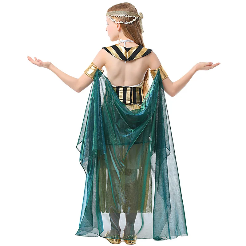 Umorden Halloween Cleopatra Costume for Girls Child Kids Egypt Nile Queen  Gold Dress Green Cloak Purim Party Book Day Cosplay