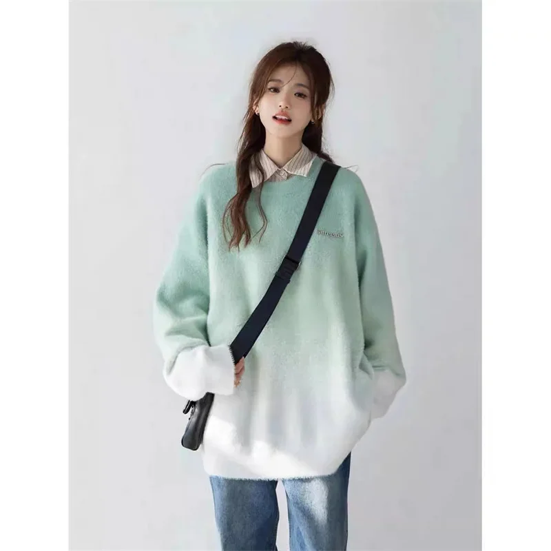 

Mink-like Loose Round Neck Color Matching Sweater Female Loose Wind Japanese Retro Gradient Sweater Round Neck Pullover Sweater