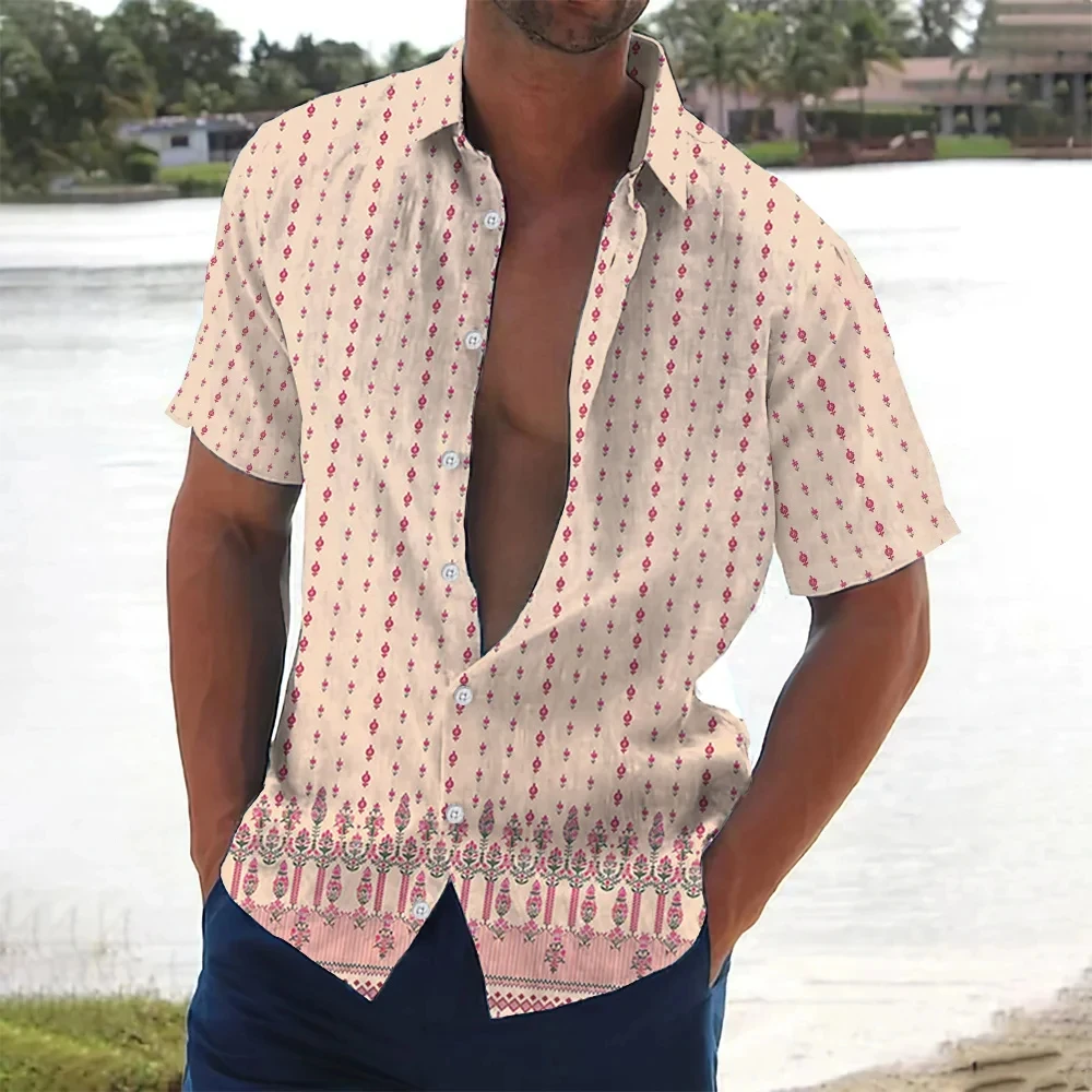 thumbnail image 1 of Camisa de manga corta con cuello abatible y botones para hombre, informal, cómoda, transpirable, con estampado 3D de rayas de playa para vacaciones, 1 of 5