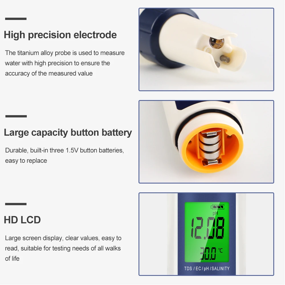 Water Quality Detector Water Tester Professional 5 In 1 TDS/PH/EC/Temp /Salinity Water Analyzer for Pools Drinking Aquarium