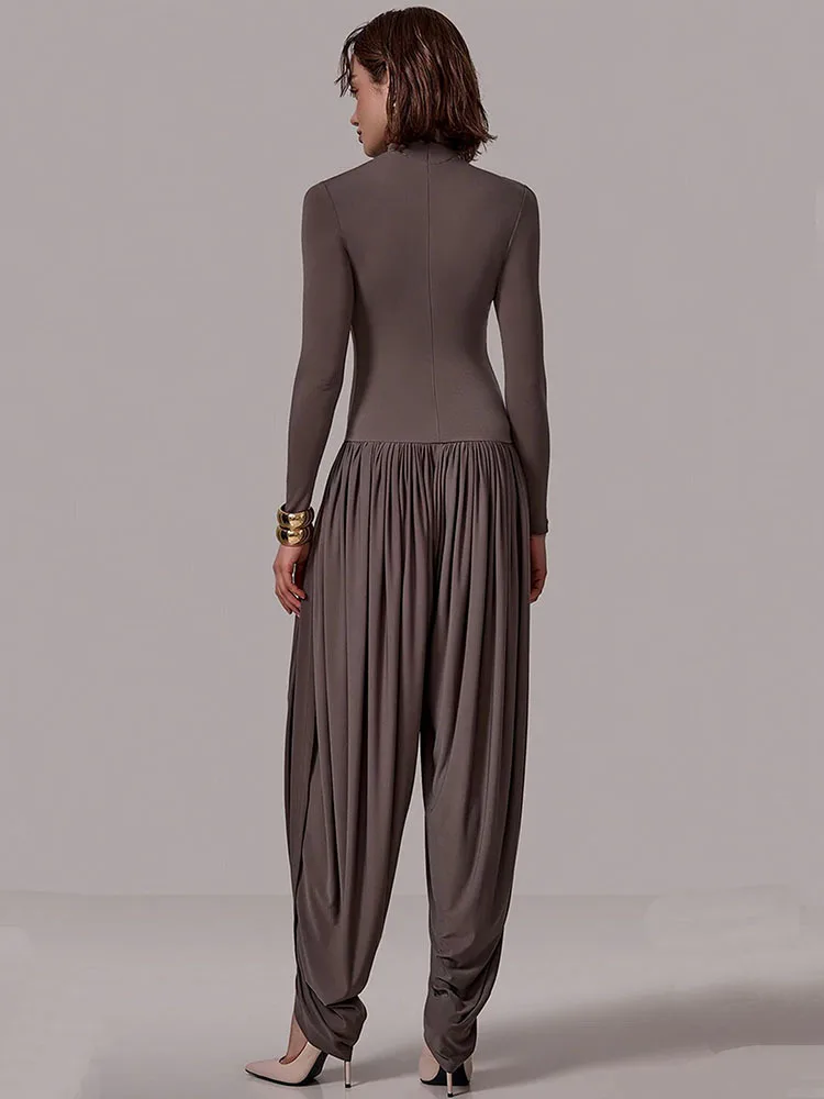 Mozision Long Sleeve Draped Sexy Jumpsuit Women Overalls Autumn Winter New Patchwork Solid Turtleneck High Waist Slim Jumpsuis 2