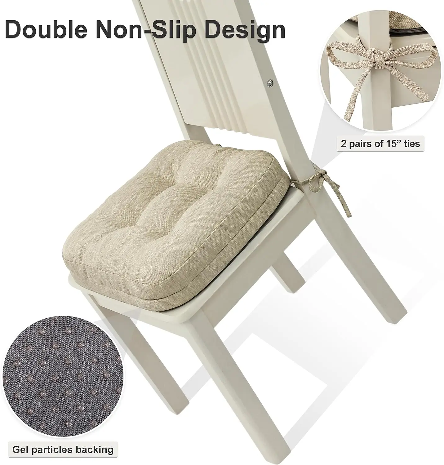 Dining Chair Cushions Set of 6. Dual-Layer Memory Foam. Patented Design. Seat Pads with Ties. 16.5"x16.5"x3.5". Beige.