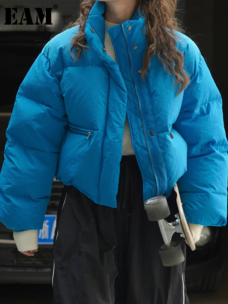 

[EAM] Loose Fit Blue Big Size Warm Short Down Jacket New Long Sleeve Warm Women Parkas Fashion Tide Autumn Winter 2024 1DH3253