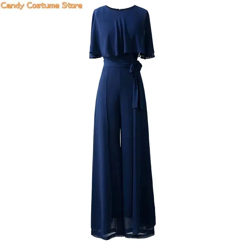 New Womensummer Chiffon Jumpsuits Female Casual O Neck Sashes Overalls Ladies Wide -Leg Romper Solid Streetwear Playsuit