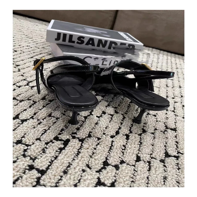 Spring and summer 2024 New Europe and the United States Metal Square Buckle lacquer hollow lady pointed high-heeled shoes